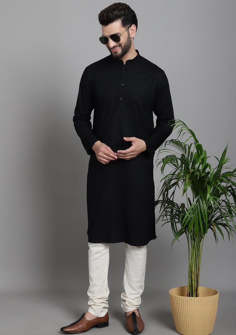 Green Hand Embroidered Cotton Kurta For Men