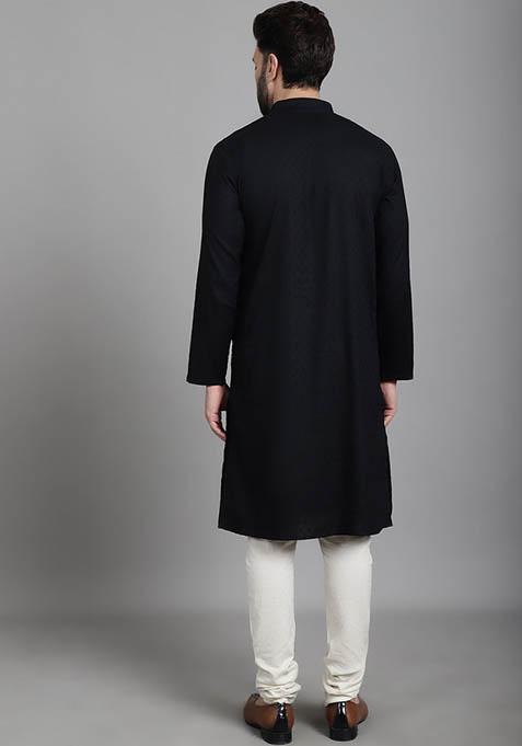 Green Hand Embroidered Cotton Kurta For Men