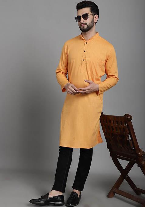 Blue Hand Embroidered Cotton Kurta For Men