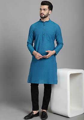 Blue Solid Cotton Kurta For Men