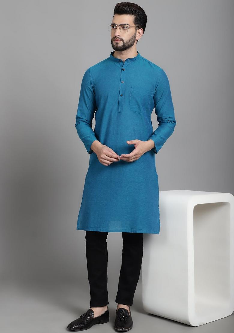 Blue Solid Cotton Kurta For Men