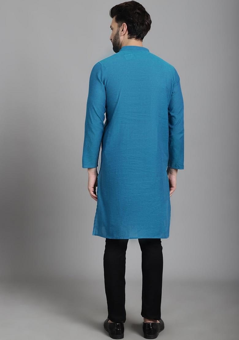 Blue Solid Cotton Kurta For Men