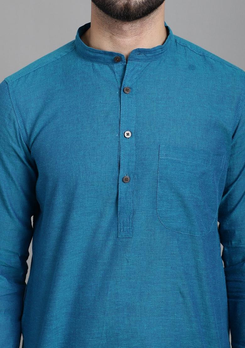 Blue Solid Cotton Kurta For Men - Indya