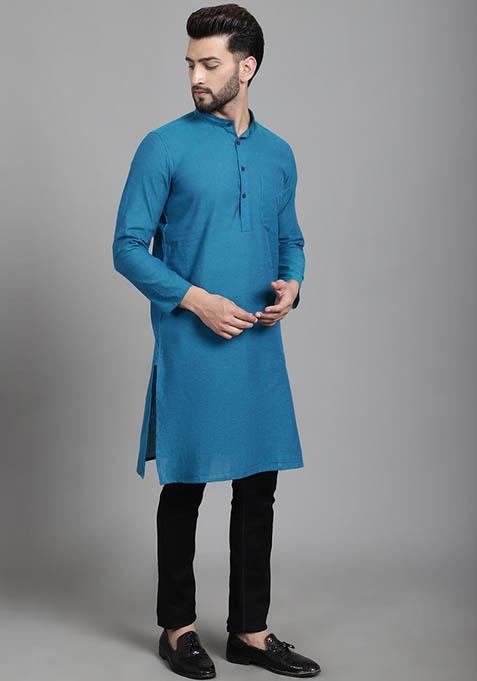 Blue Solid Cotton Kurta For Men