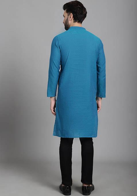 Blue Solid Cotton Kurta For Men