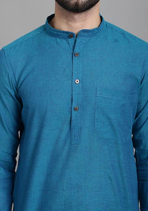 Blue Solid Cotton Kurta For Men