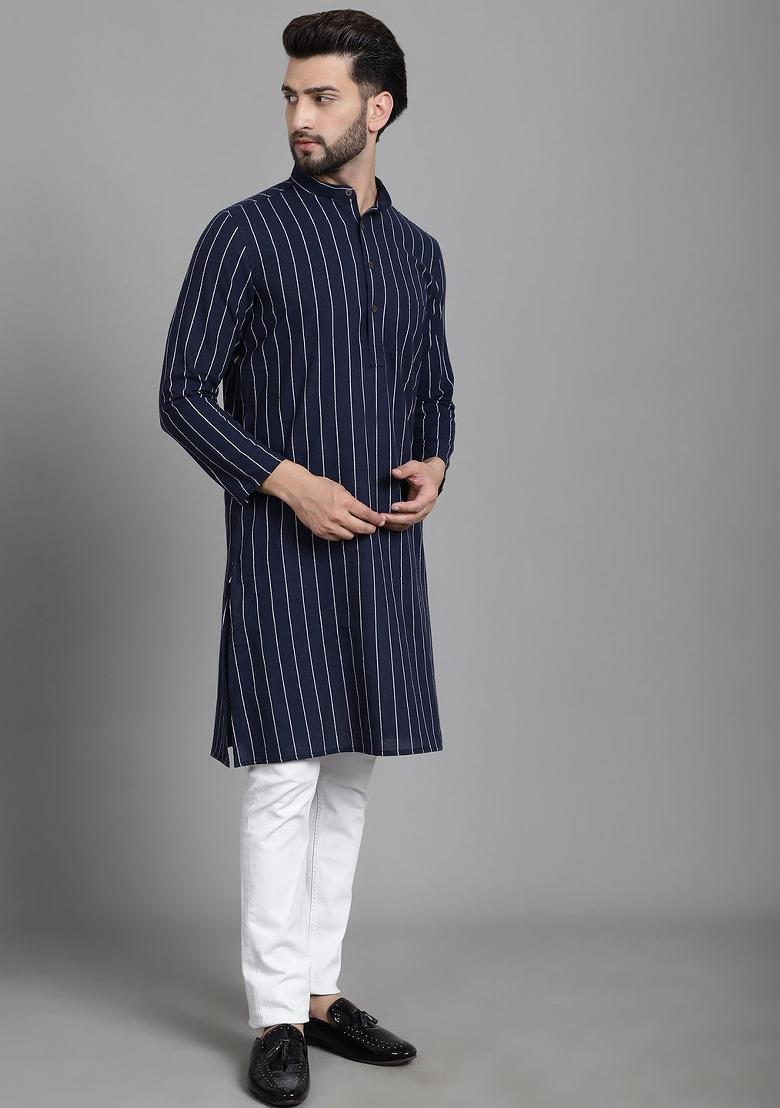 Blue Striped Cotton Kurta For Men - Indya