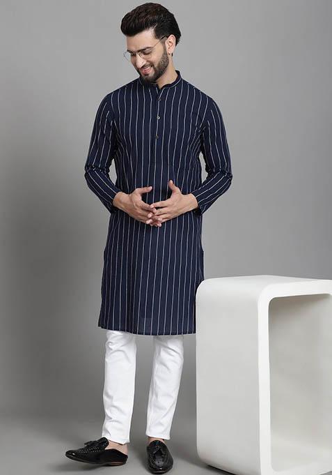 Blue Striped Cotton Kurta For Men