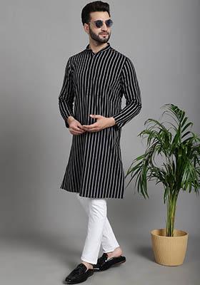 Black Striped Cotton Kurta For Men