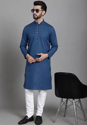 Blue Solid Linen Kurta For Men