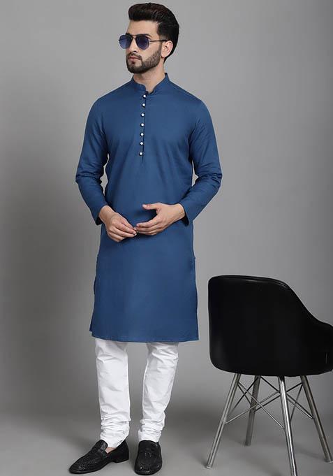 Blue Solid Linen Kurta For Men