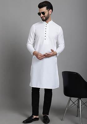 White Solid Cotton Kurta For Men