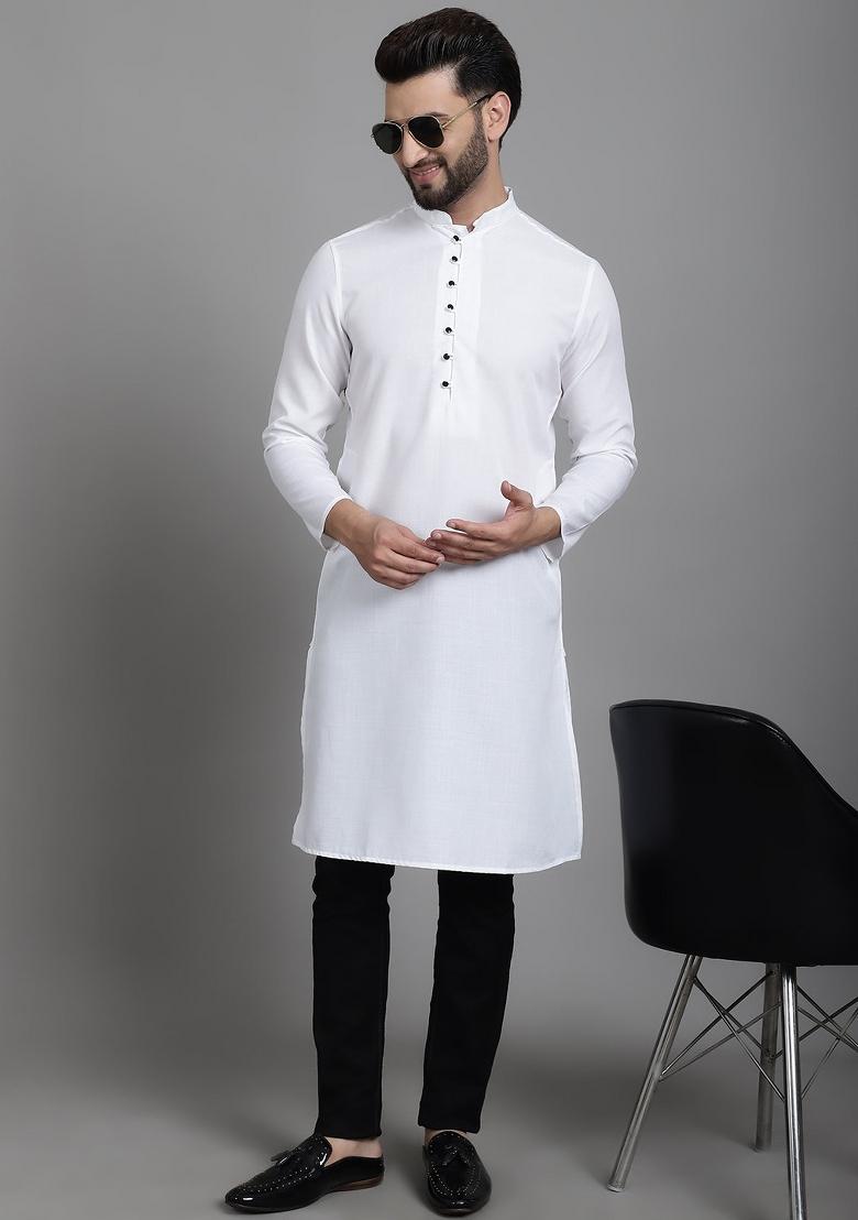White Solid Cotton Kurta For Men