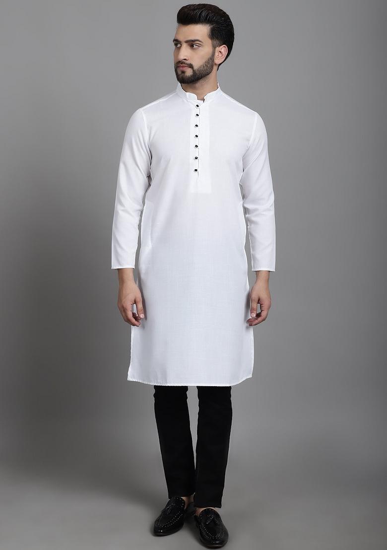 White Solid Cotton Kurta For Men
