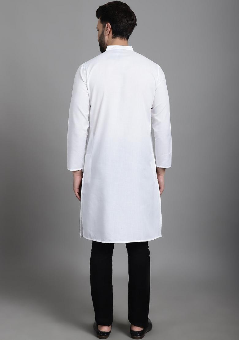 White Solid Cotton Kurta For Men