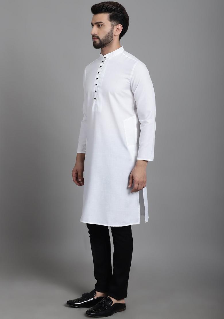 White Solid Cotton Kurta For Men