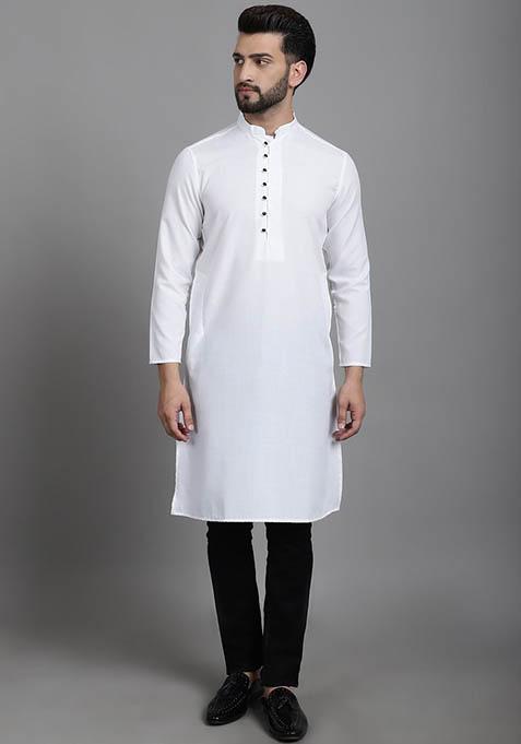 White Solid Cotton Kurta For Men