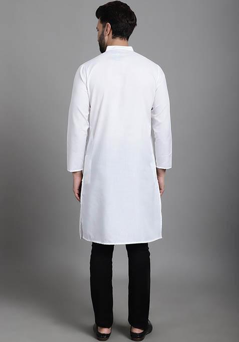 White Solid Cotton Kurta For Men