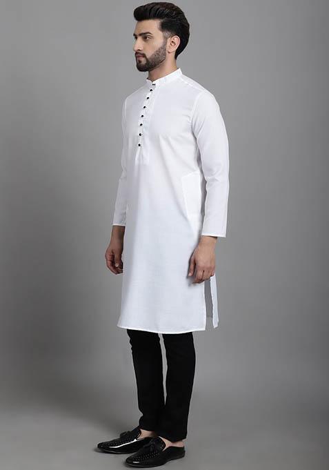 White Solid Cotton Kurta For Men