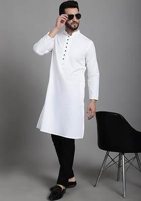 White Solid Cotton Kurta For Men