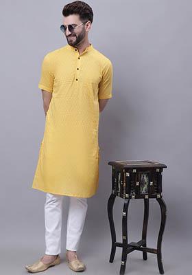 Yellow Hand Embroidered Cotton Kurta For Men