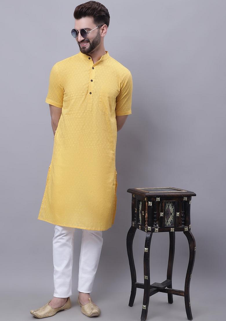 Yellow Hand Embroidered Cotton Kurta For Men