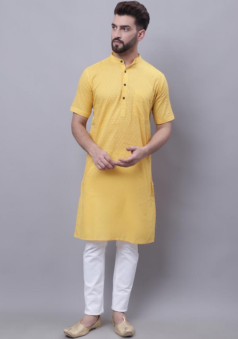 Yellow Hand Embroidered Cotton Kurta For Men