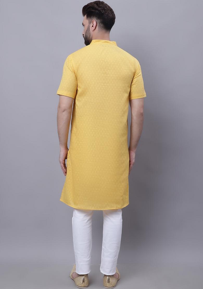 Yellow Hand Embroidered Cotton Kurta For Men