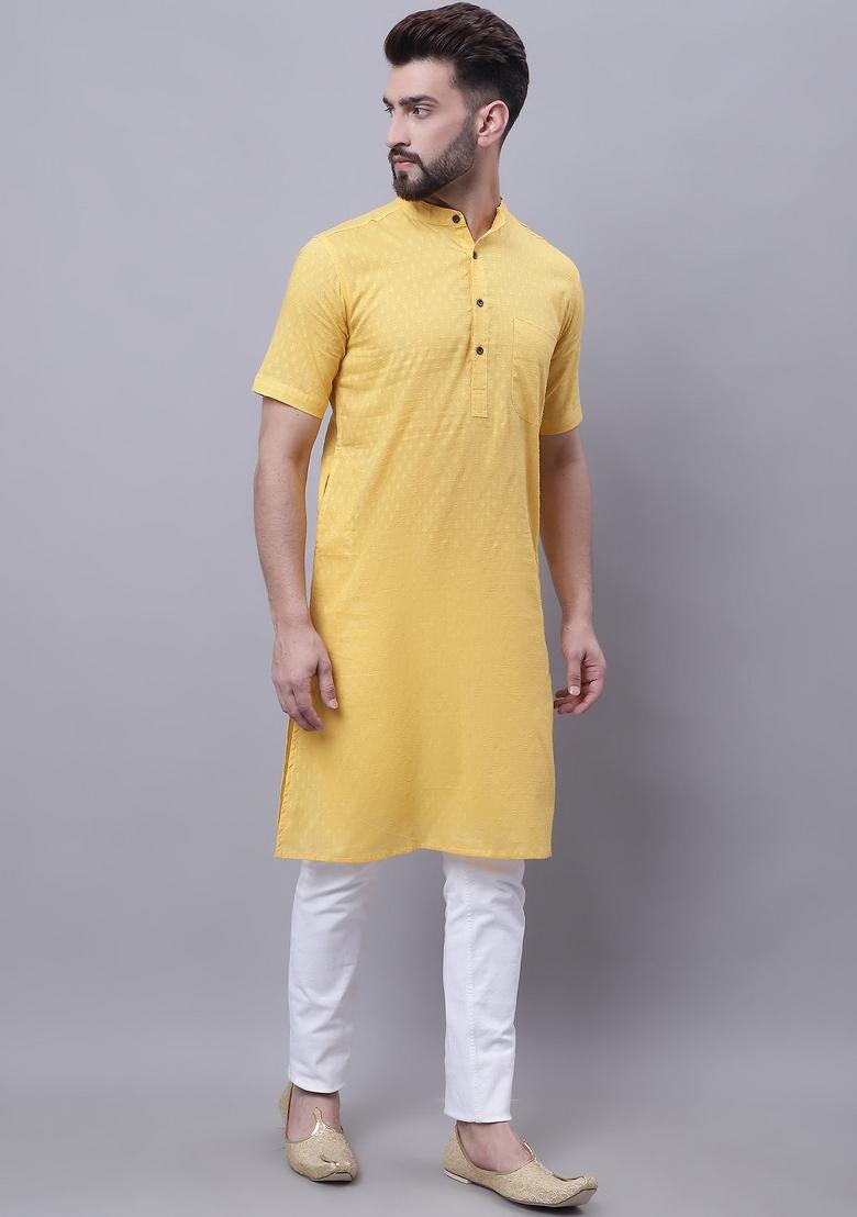 Yellow Hand Embroidered Cotton Kurta For Men