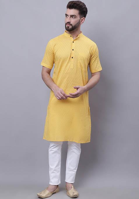 Yellow Hand Embroidered Cotton Kurta For Men