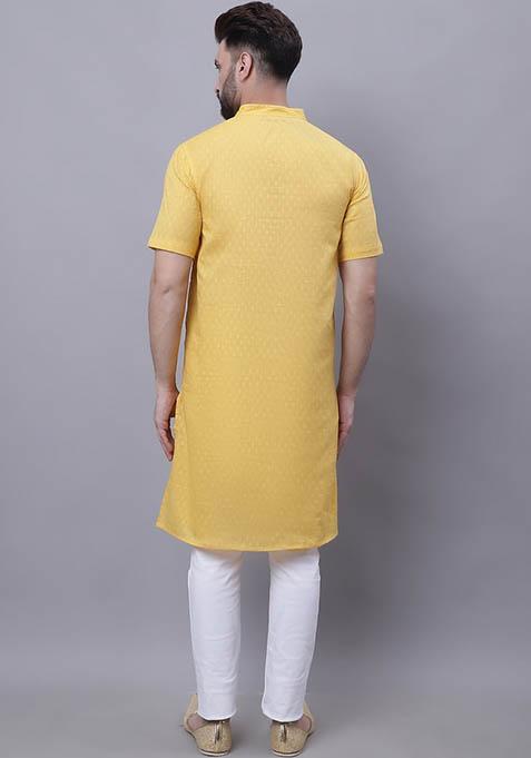 Yellow Hand Embroidered Cotton Kurta For Men