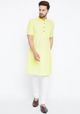 Yellow Solid Cotton Kurta For Men