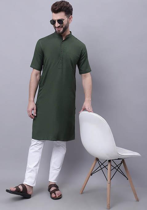 Green Solid Cotton Kurta For Men
