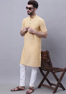 Yellow Solid Cotton Kurta For Men