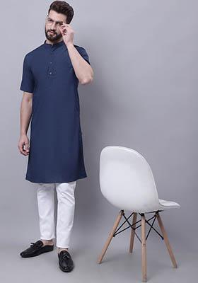 Navy Blue Solid Cotton Kurta For Men