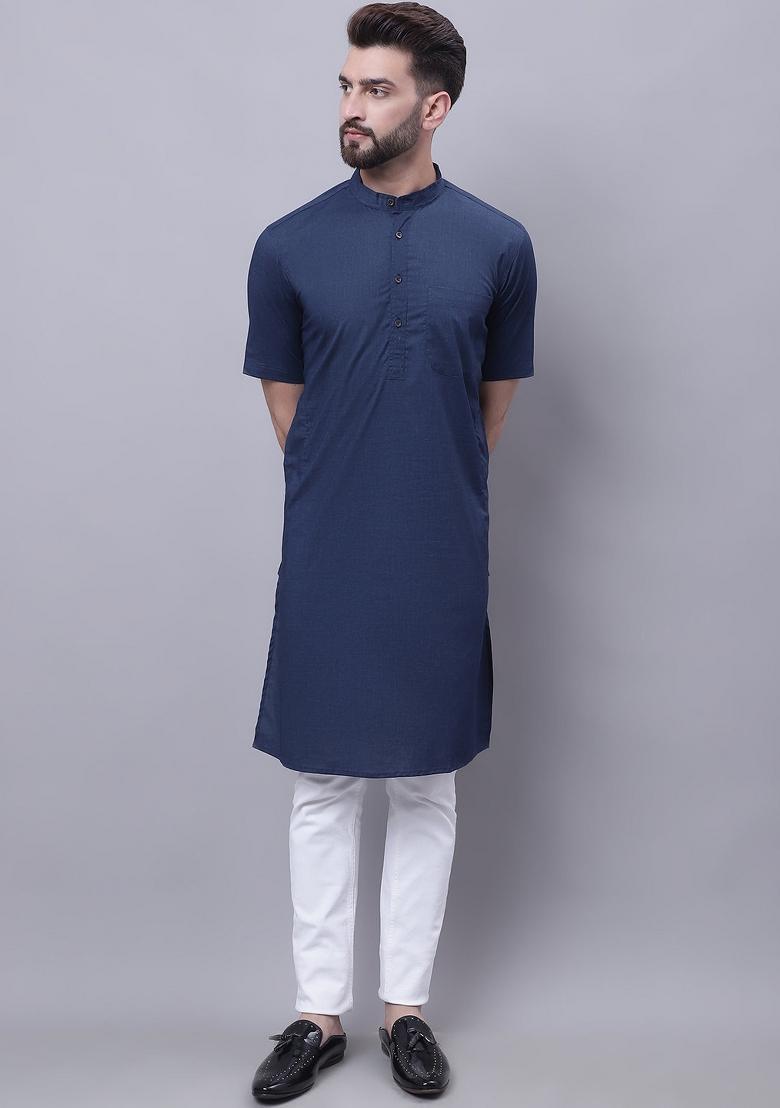 Navy Blue Solid Cotton Kurta For Men - Indya