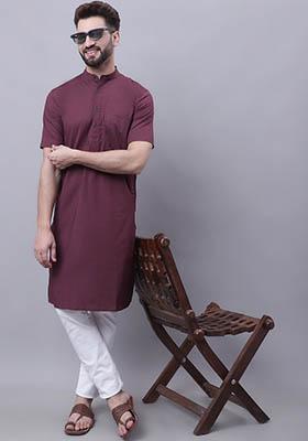 Wine Solid Cotton Kurta For Men
