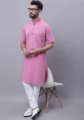 Pink Solid Cotton Kurta For Men