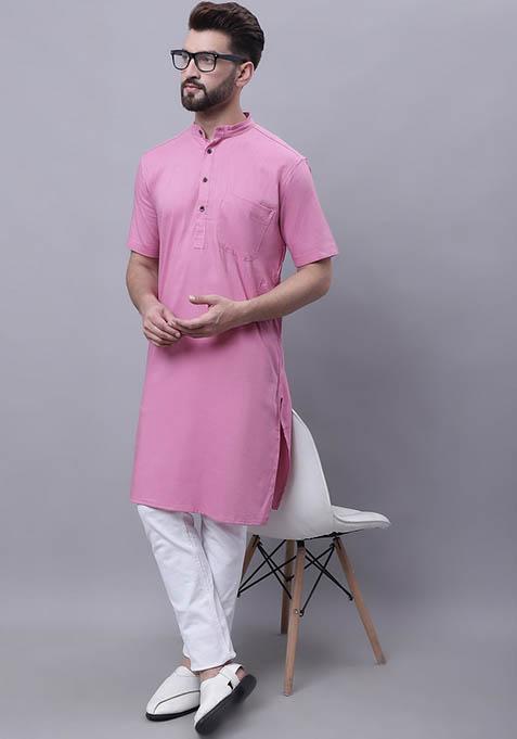 Pink Solid Cotton Kurta For Men