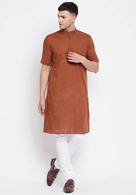 Brown Solid Cotton Kurta For Men