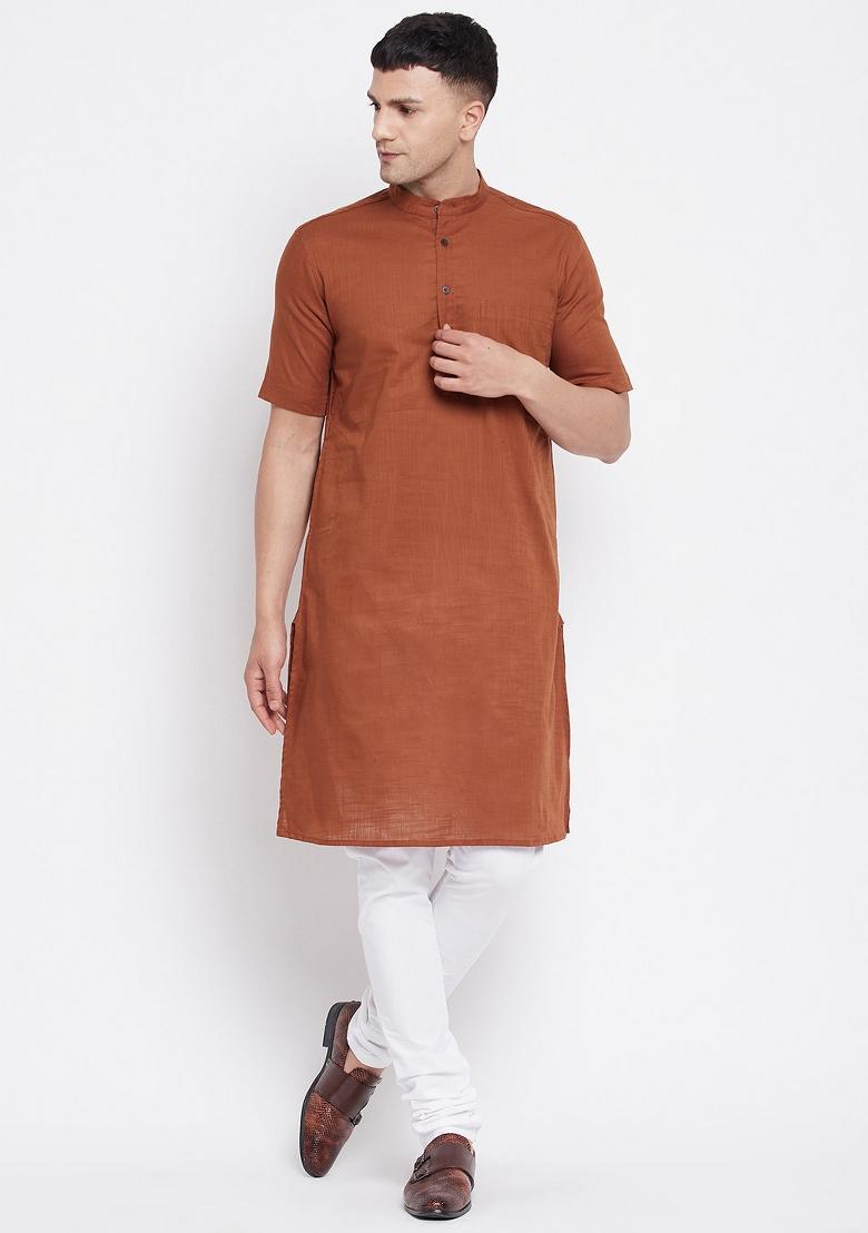 Brown Solid Cotton Kurta For Men