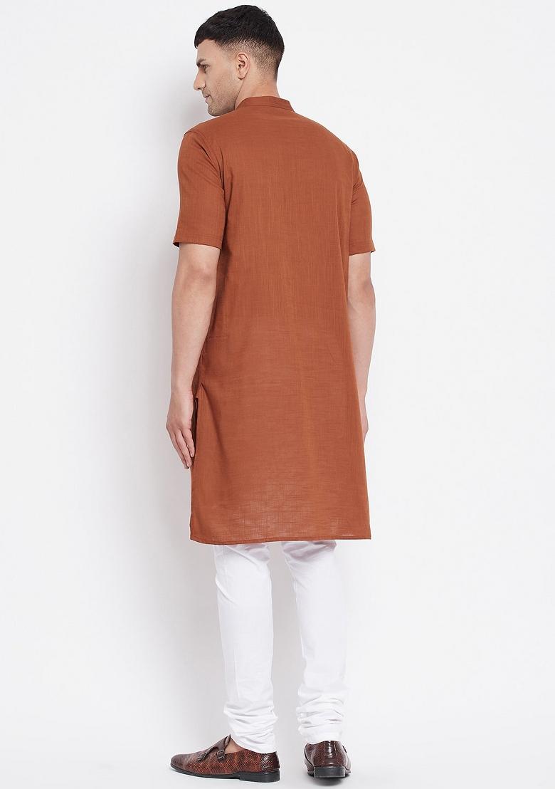 Brown Solid Cotton Kurta For Men