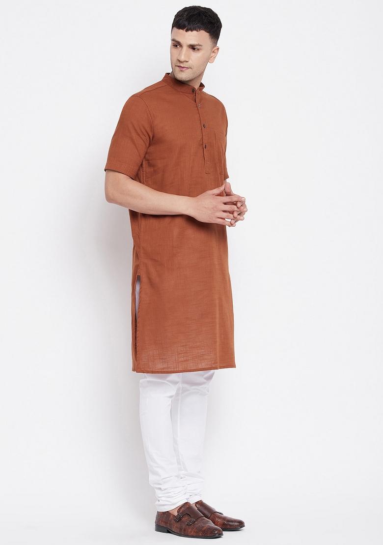 Brown Solid Cotton Kurta For Men
