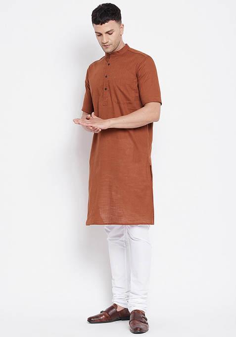 Brown Solid Cotton Kurta For Men