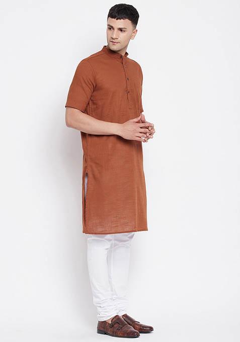 Brown Solid Cotton Kurta For Men