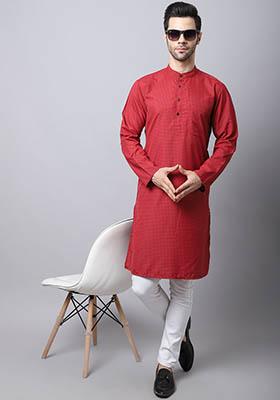 Maroon Checked Cotton Kurta For Men