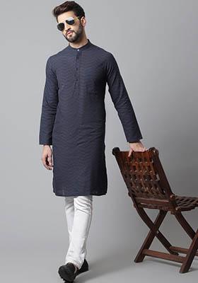 Navy Blue Checked Cotton Kurta For Men