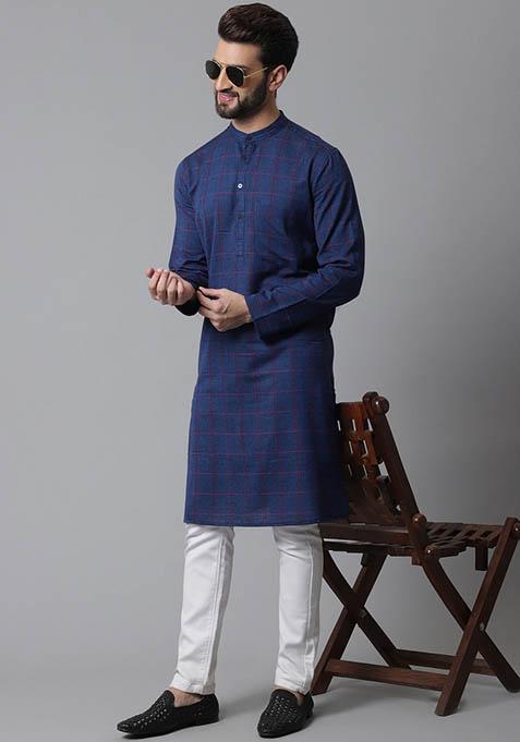 Blue Checked Cotton Kurta For Men