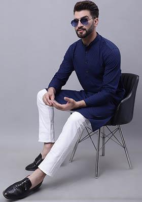 Navy Blue Hand Embroidered Cotton Kurta For Men