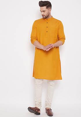 Yellow Solid Cotton Kurta For Men